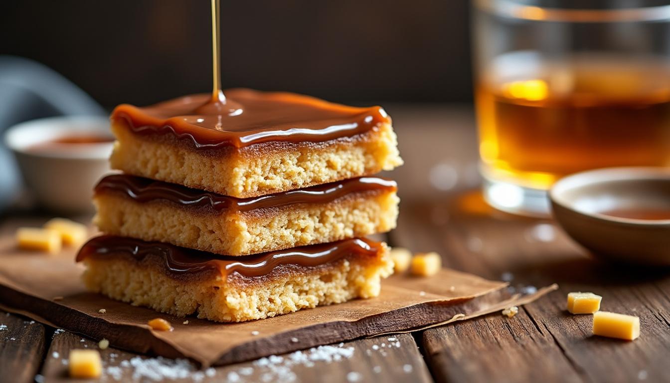 découvrez la recette gourmande de laure pour un millionaire’s shortbread au caramel au beurre salé et whisky breton, un dessert exquis alliant douceur et saveurs bretonnes.